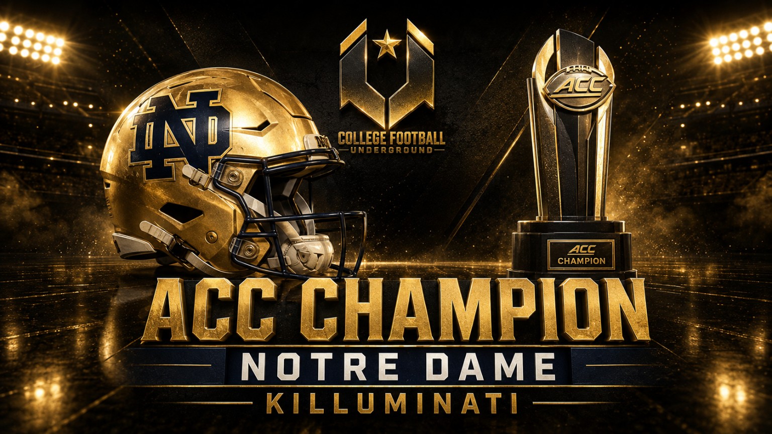 Notre Dame ACC champion graphic featuring coach Killuminati