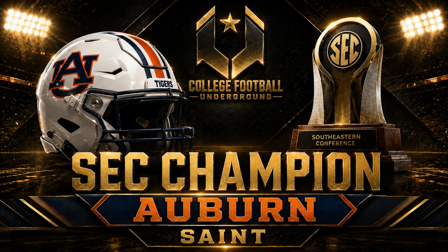 Auburn SEC champion graphic featuring coach Saint