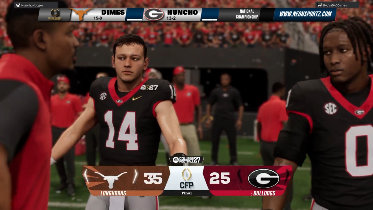 Final score screen showing Texas 35 and Georgia 25 in the College Football Underground national championship