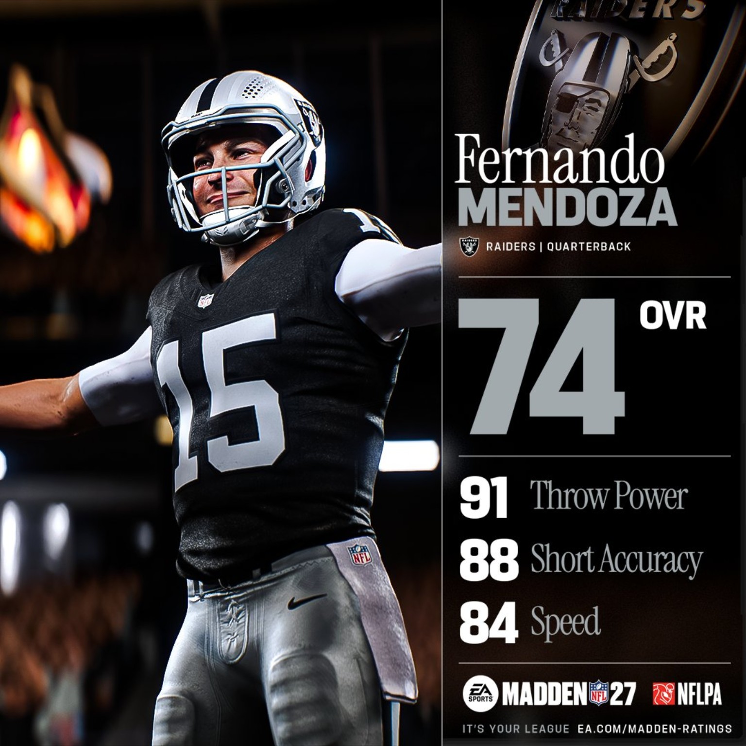 Fernando Mendoza, Quarterback for the Las Vegas Raiders, rated 74 overall in Madden NFL 27