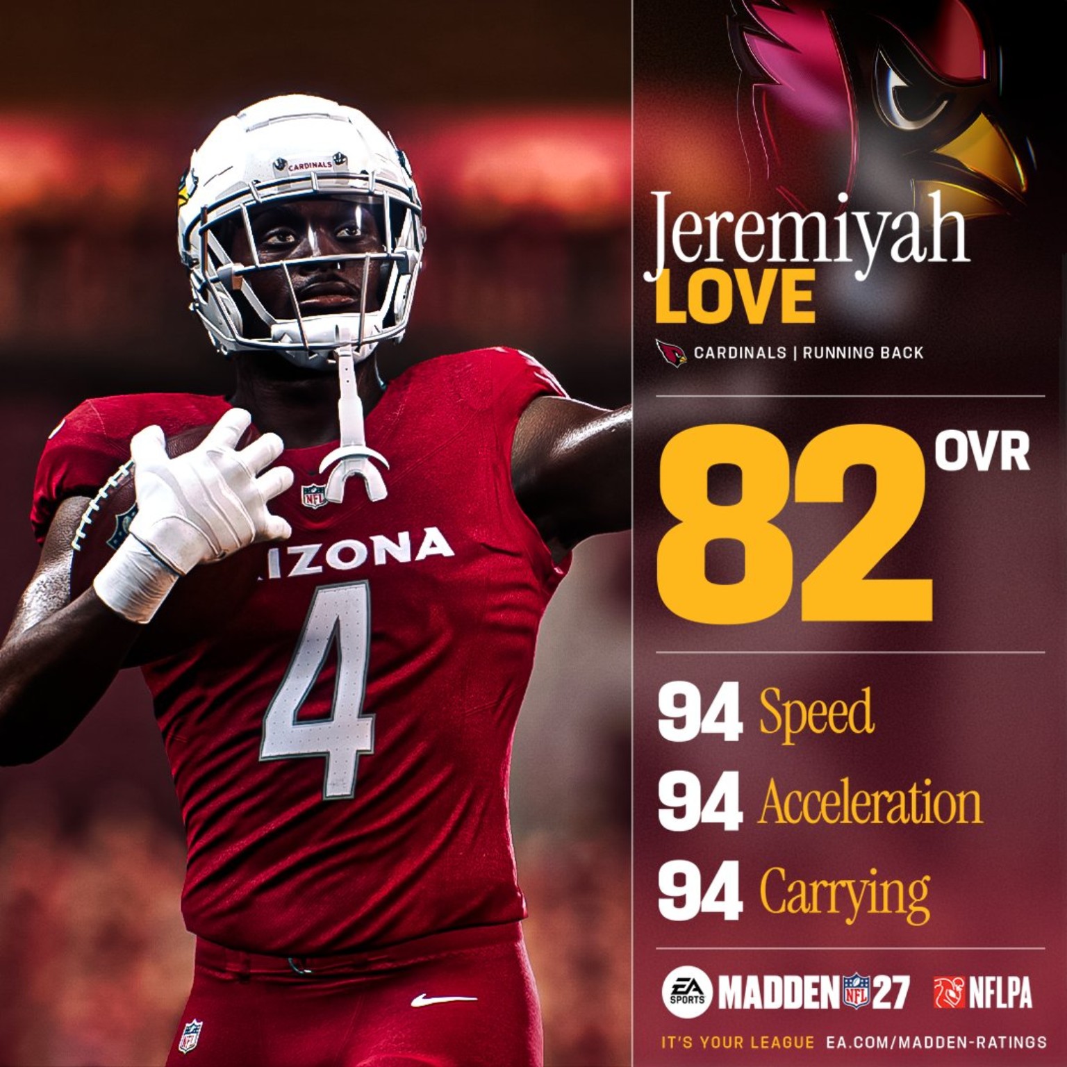 Jeremiyah Love, Running back for the Arizona Cardinals, rated 82 overall in Madden NFL 27