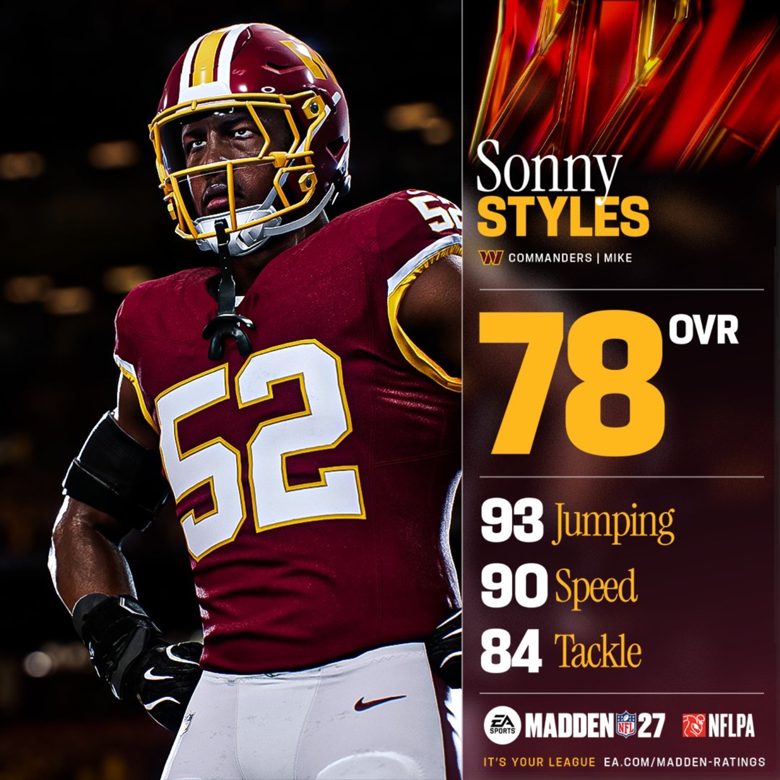Sonny Styles, MIKE linebacker for the Washington Commanders, rated 78 overall in Madden NFL 27