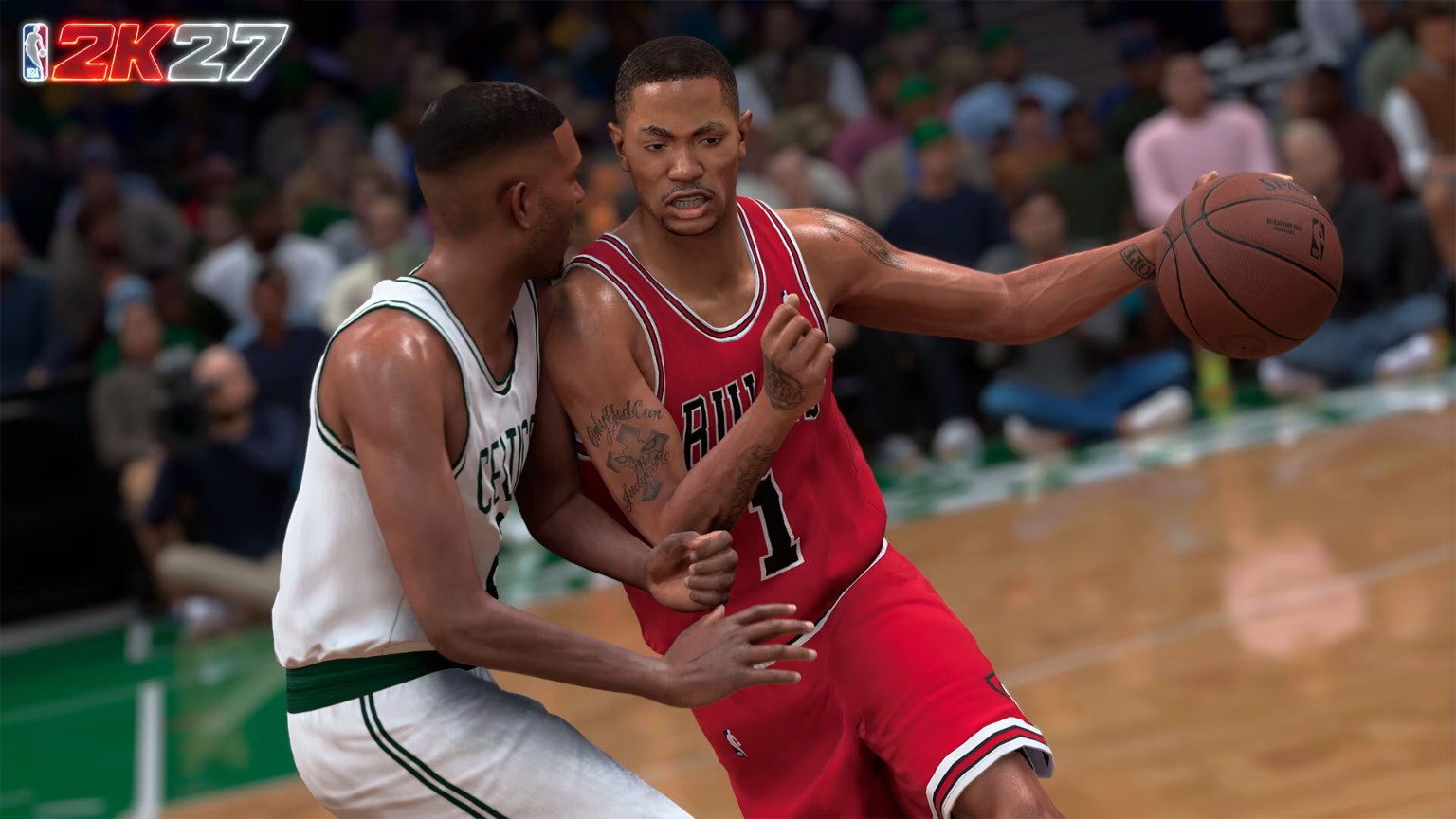 Derrick Rose drives against a Boston Celtics defender in NBA 2K27