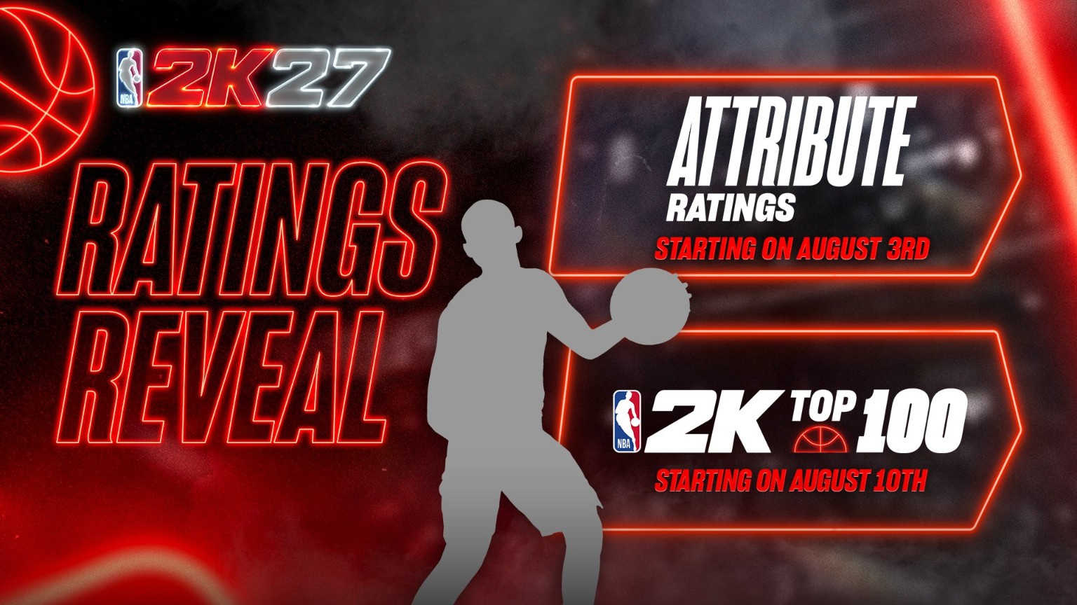 NBA 2K27 ratings reveal schedule showing attribute ratings beginning August 3 and the Top 100 beginning August 10